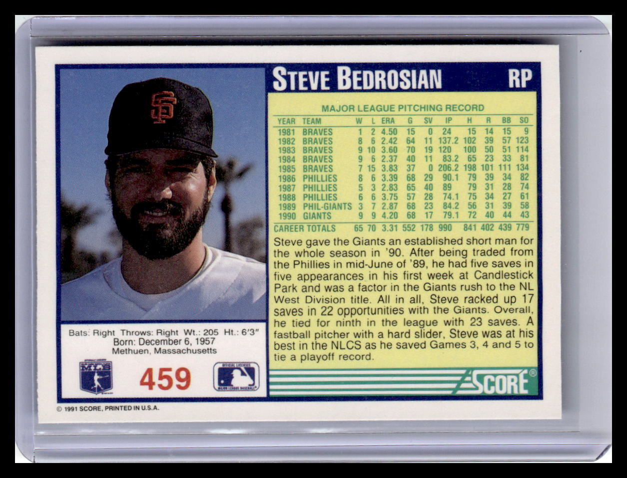 1991 Score #459 Steve Bedrosian