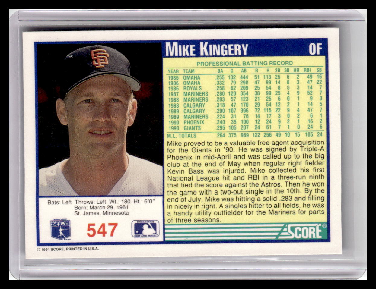 1991 Score #547 Mike Kingery