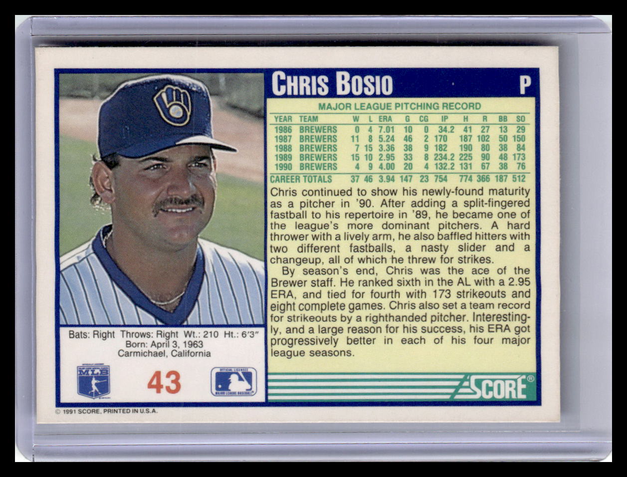 1991 Score #43 Chris Bosio
