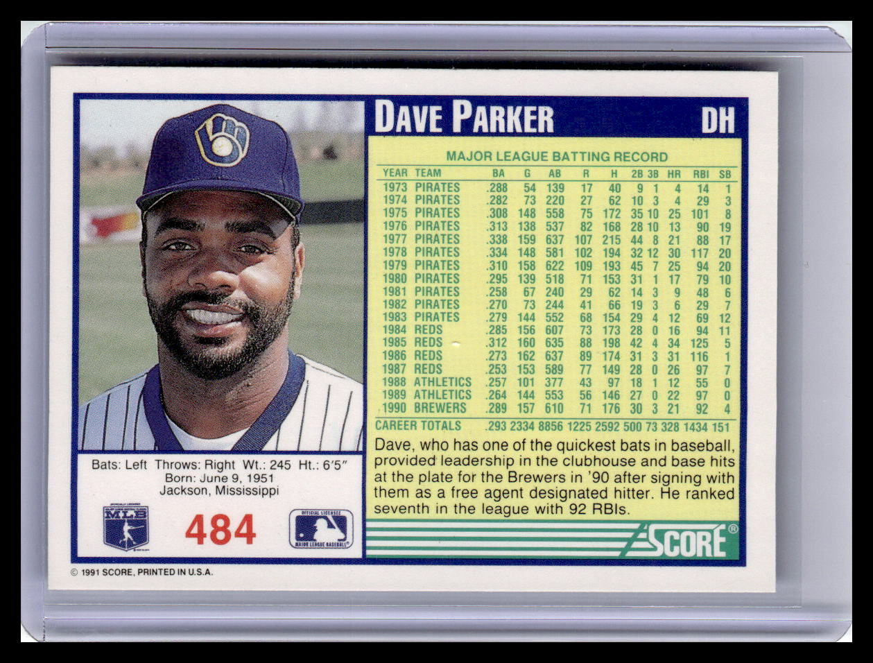1991 Score #484 Dave Parker