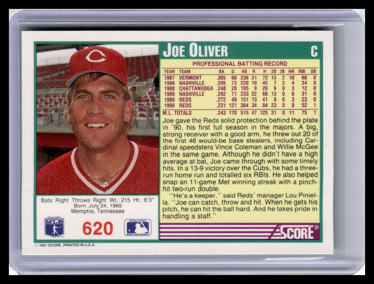 1991 Score #620 Joe Oliver