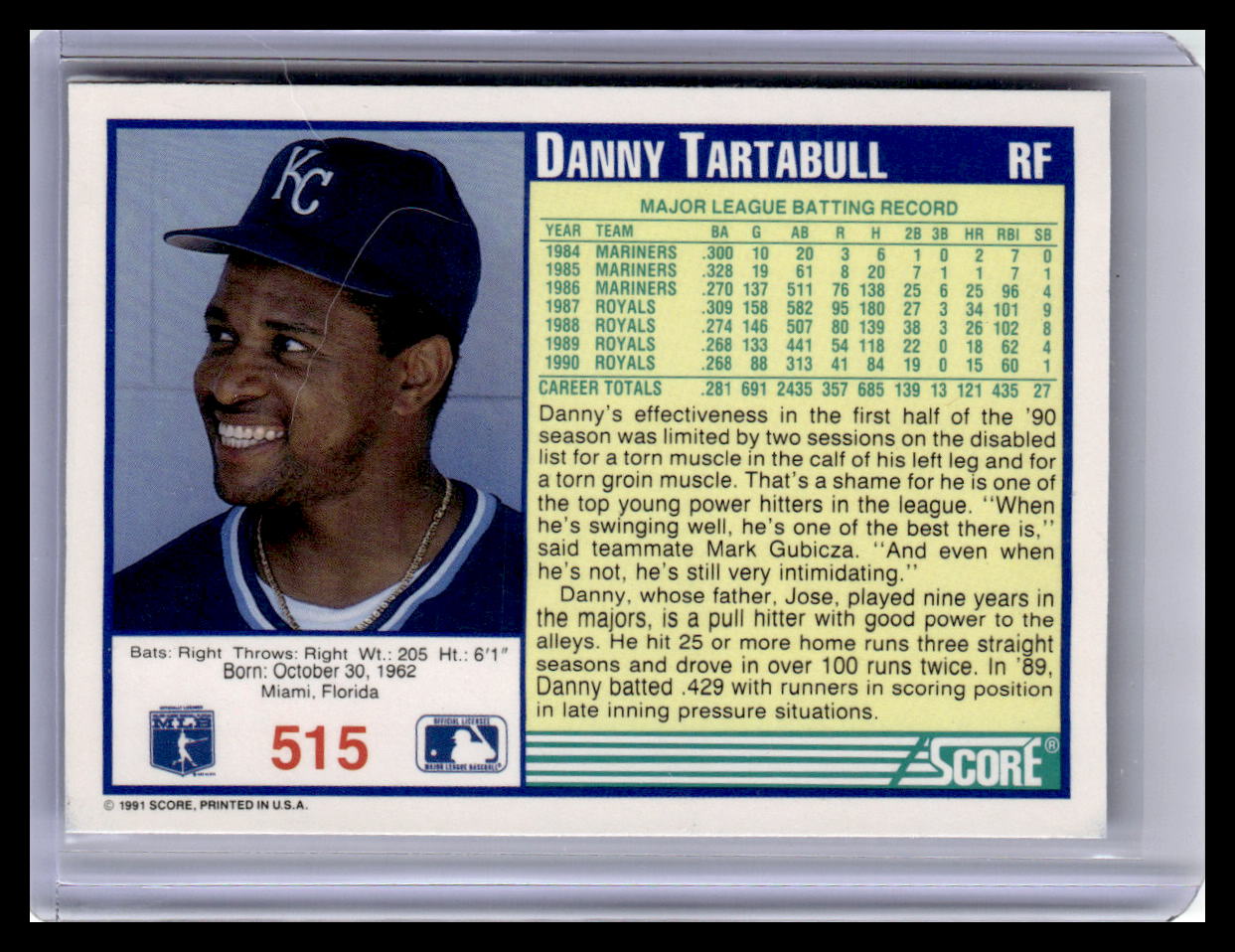 1991 Score #515 Danny Tartabull