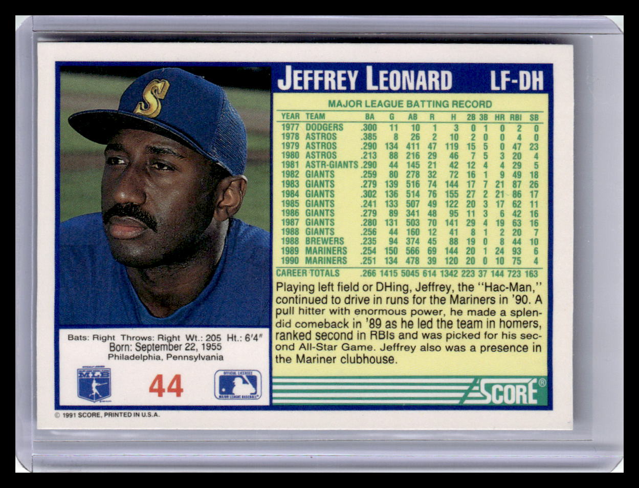 1991 Score #44 Jeffrey Leonard