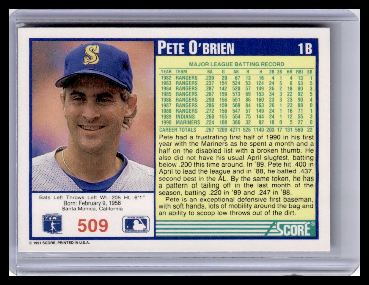 1991 Score #509 Pete O'Brien