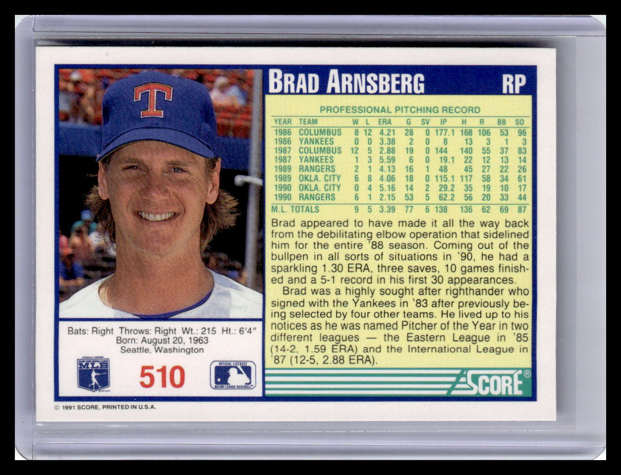 1991 Score #510 Brad Arnsberg