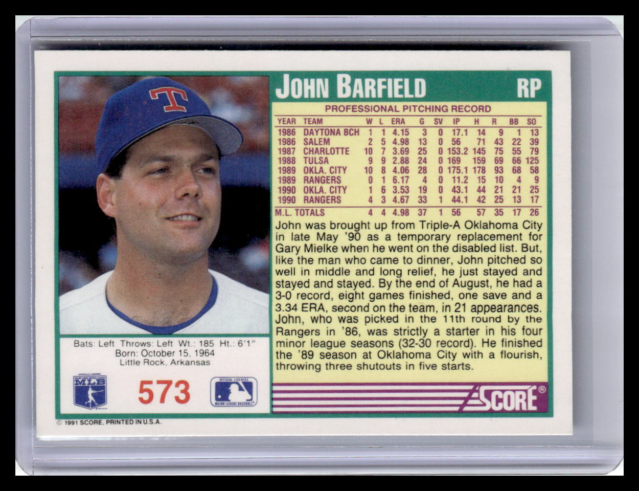 1991 Score #573 John Barfield