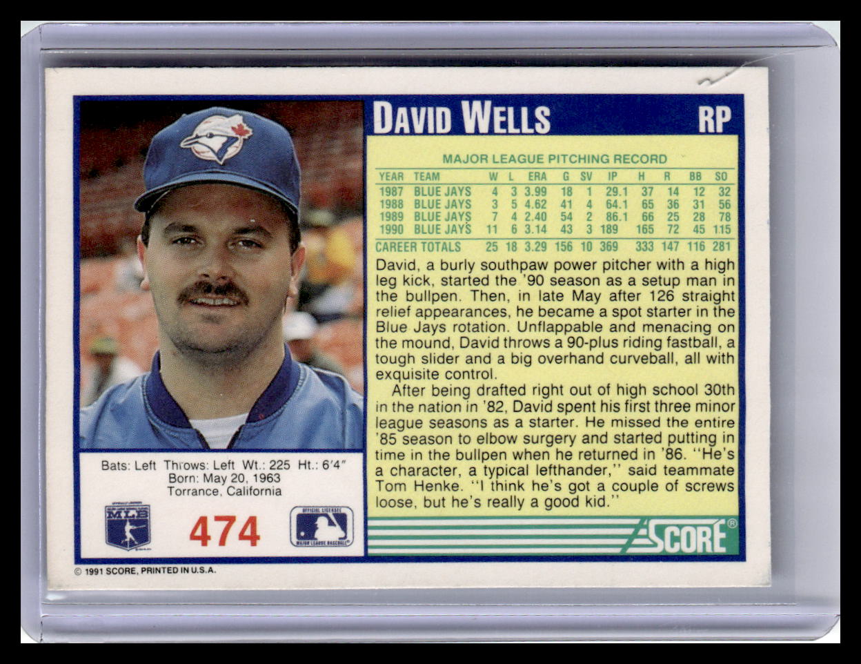 1991 Score #474 David Wells