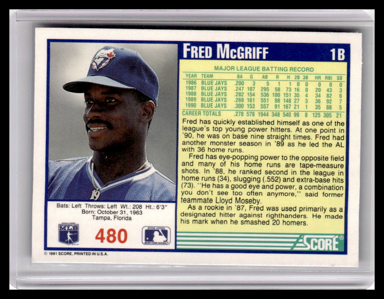 1991 Score #480 Fred McGriff