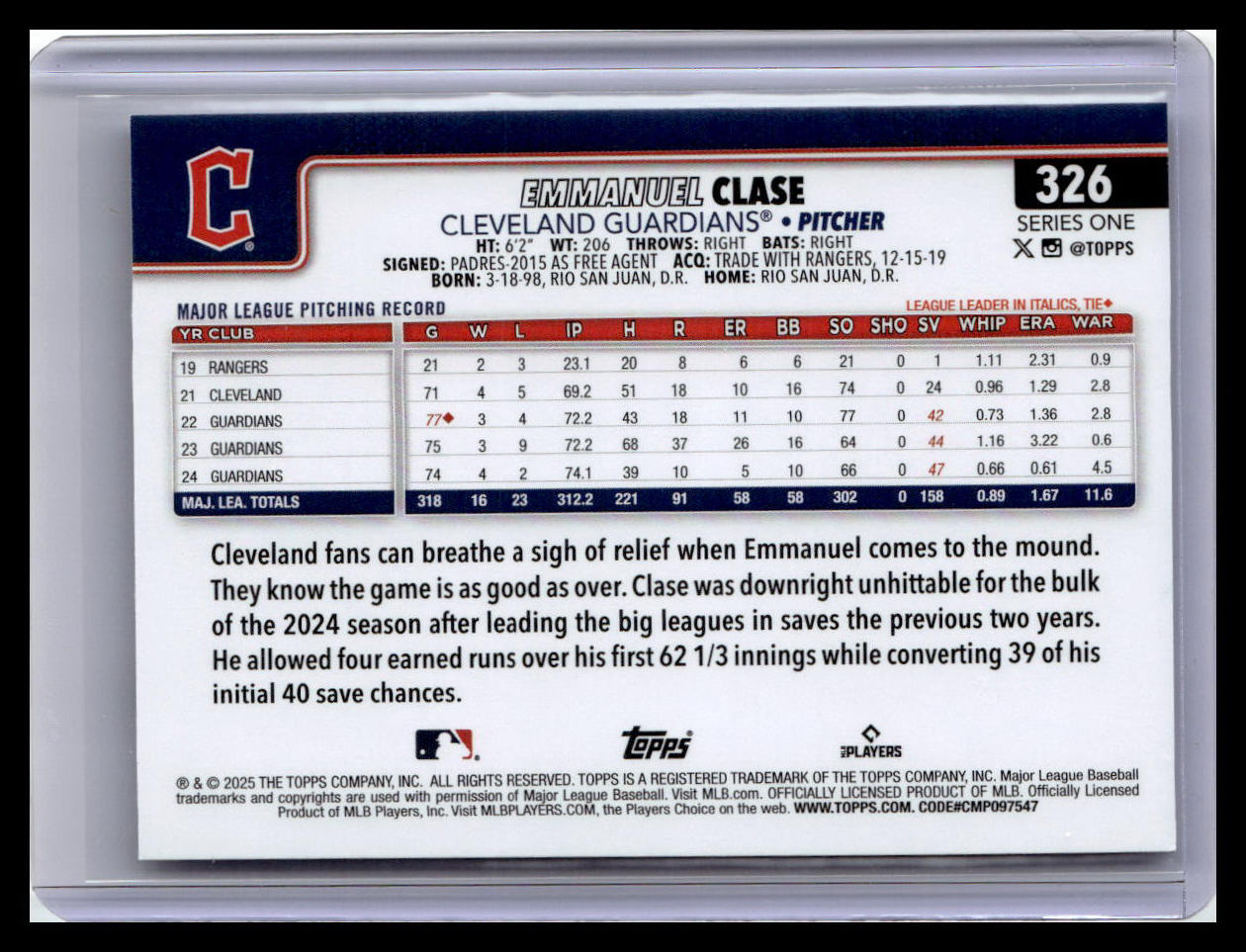 2025 Topps #326 Emmanuel Clase
