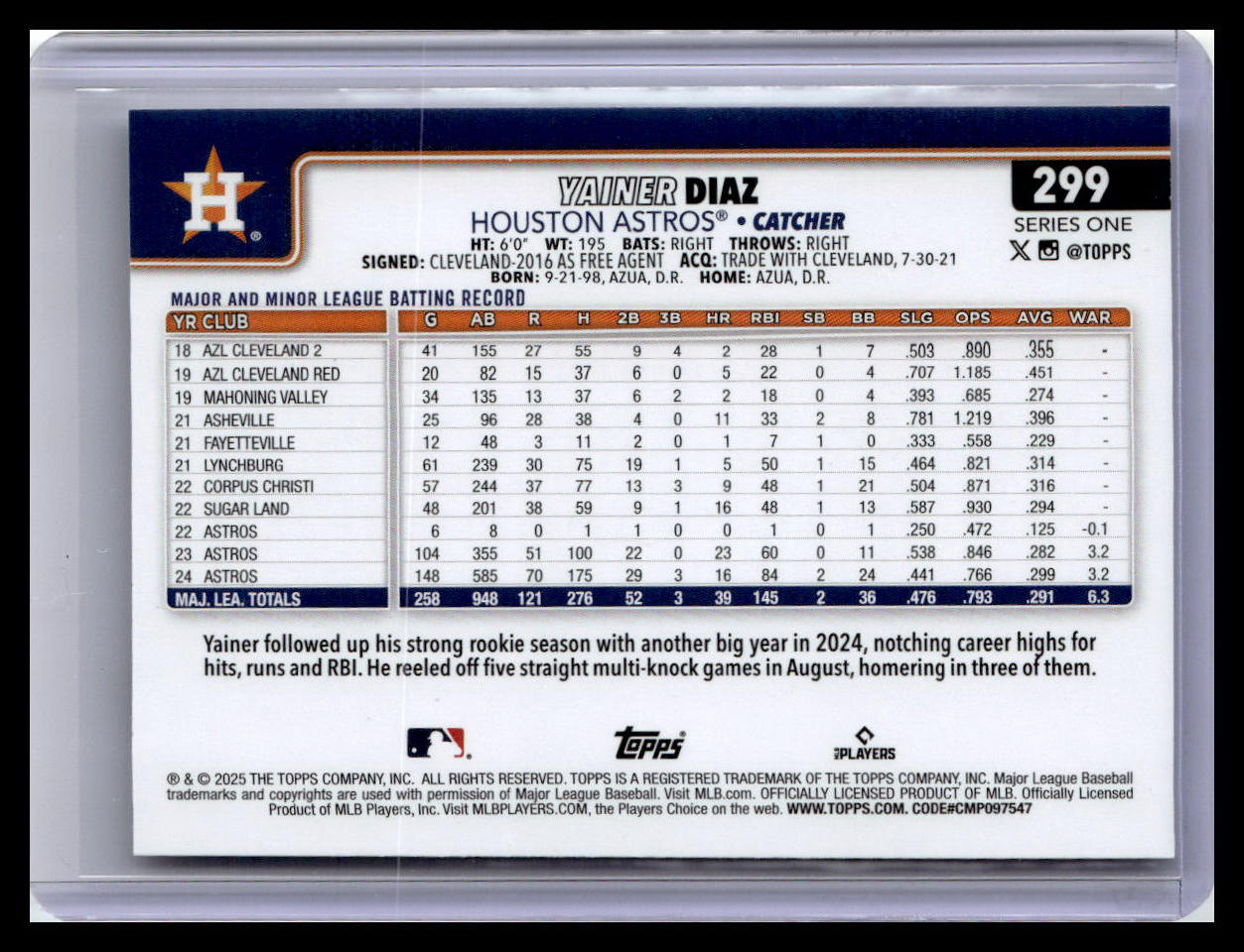 2025 Topps #299 Yainer Diaz