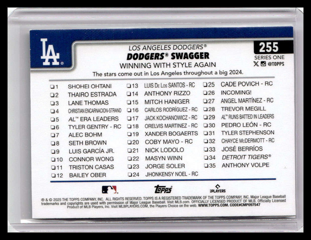 2025 Topps #255 Dodgers Swagger: Winning With Style Again