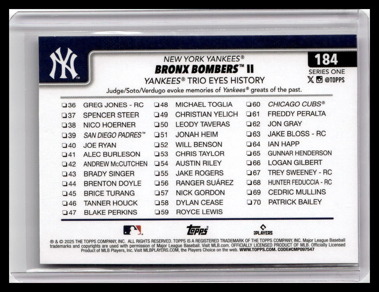 2025 Topps #184 Bronx Bombers II: Yankees Trio Eyes History
