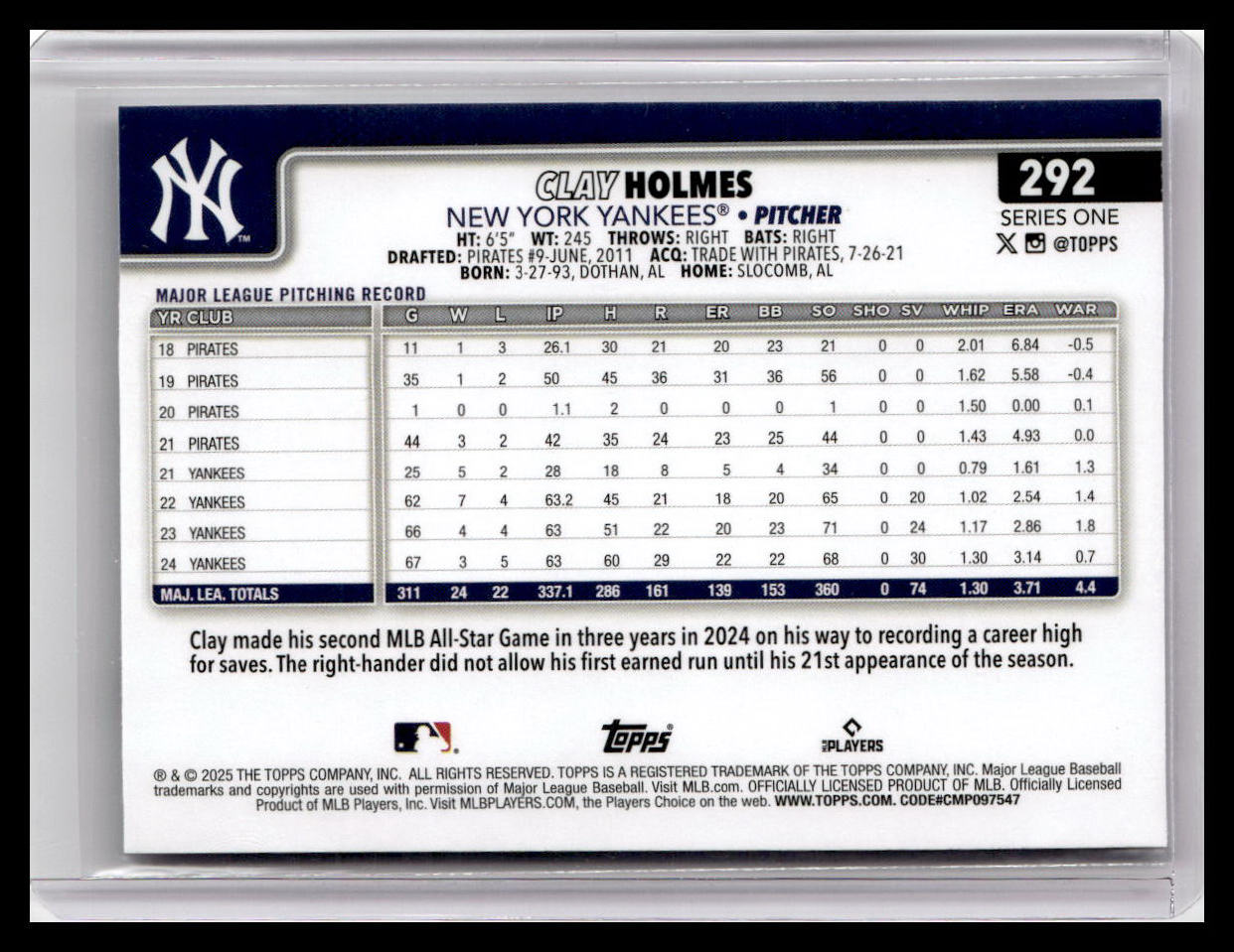 2025 Topps #292 Clay Holmes