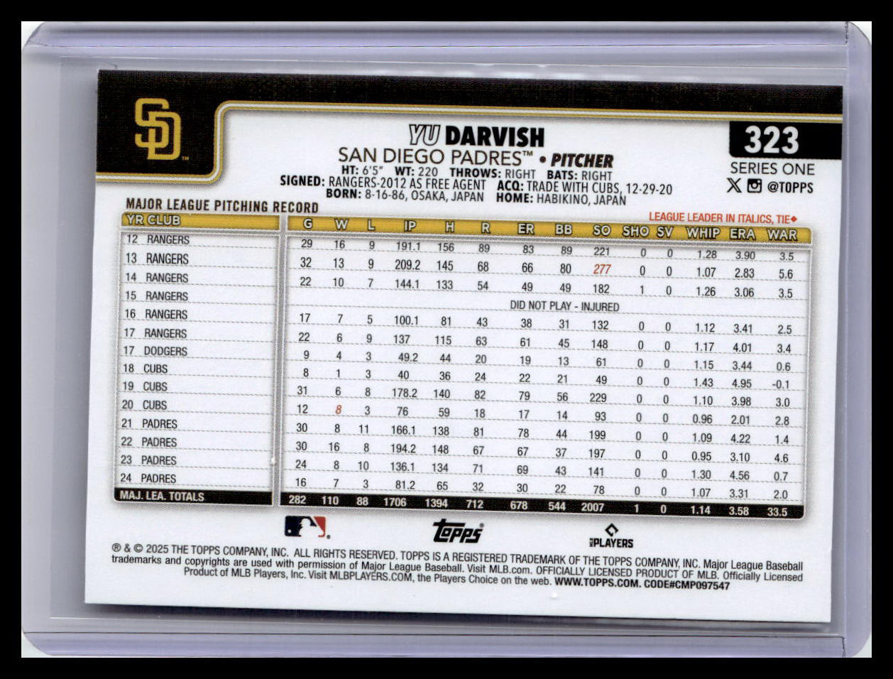 2025 Topps #323 Yu Darvish