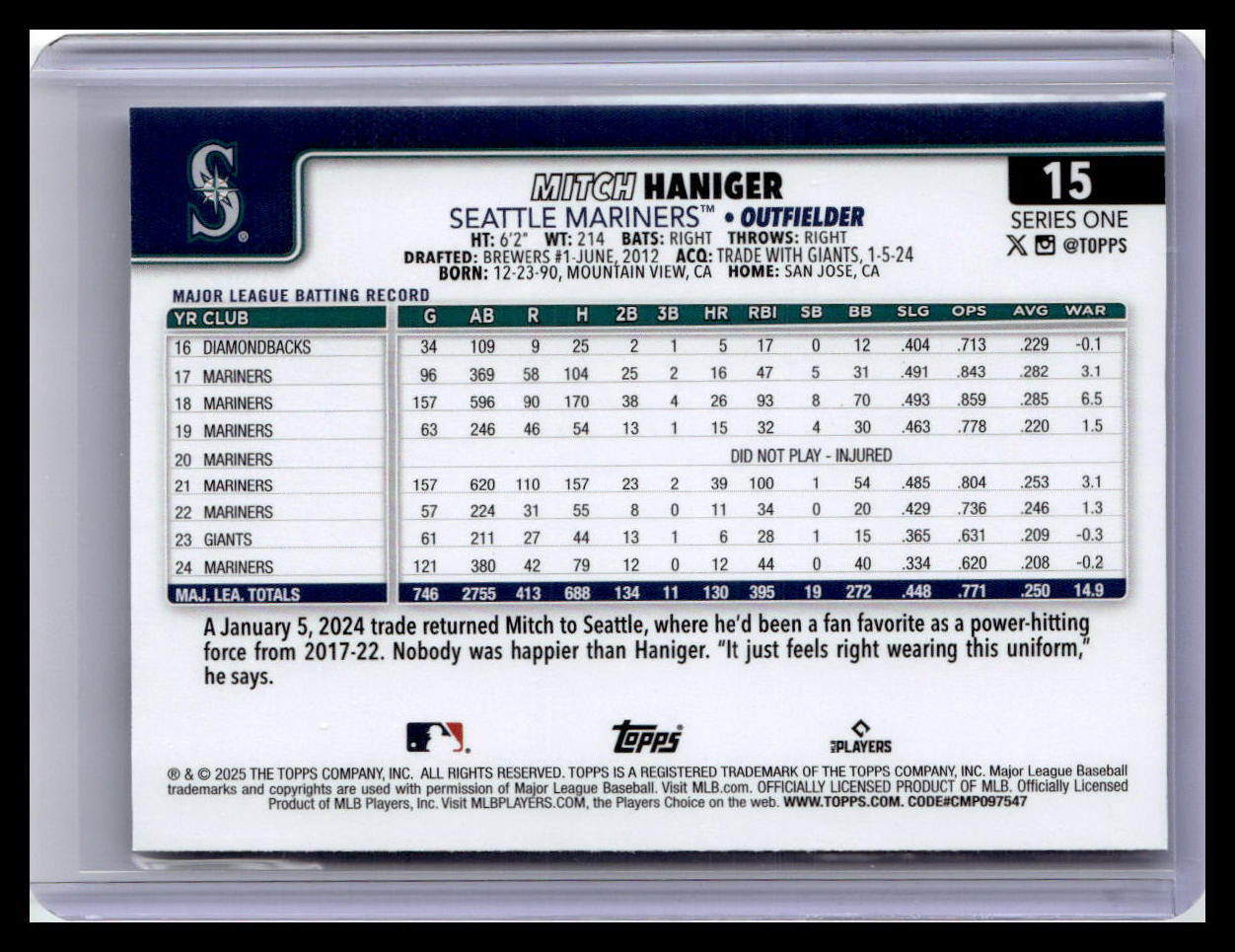 2025 Topps #15 Mitch Haniger