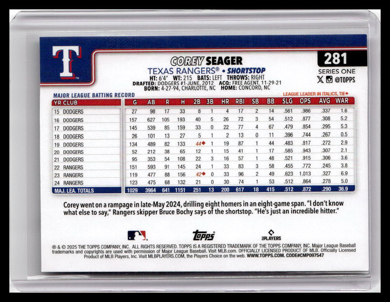 2025 Topps #281 Corey Seager