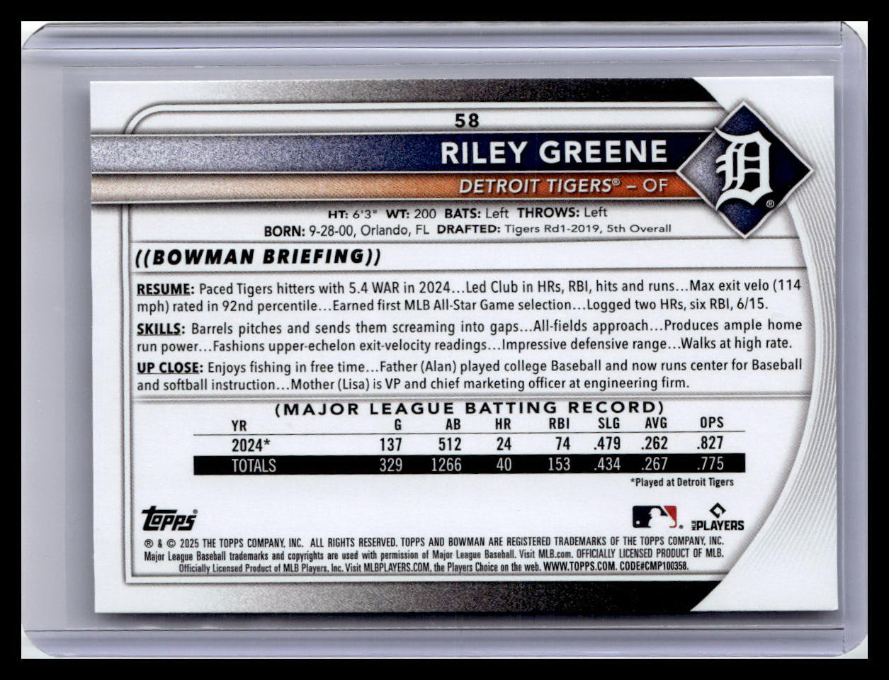 2025 Bowman #58 Riley Greene