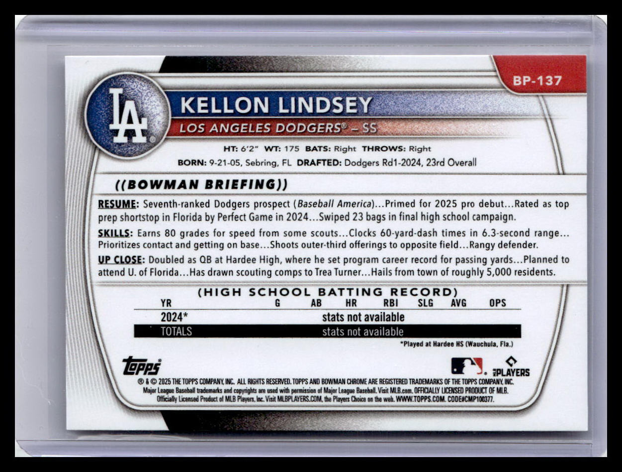 2025 Bowman #BP-137 Kellon Lindsey Prospects
