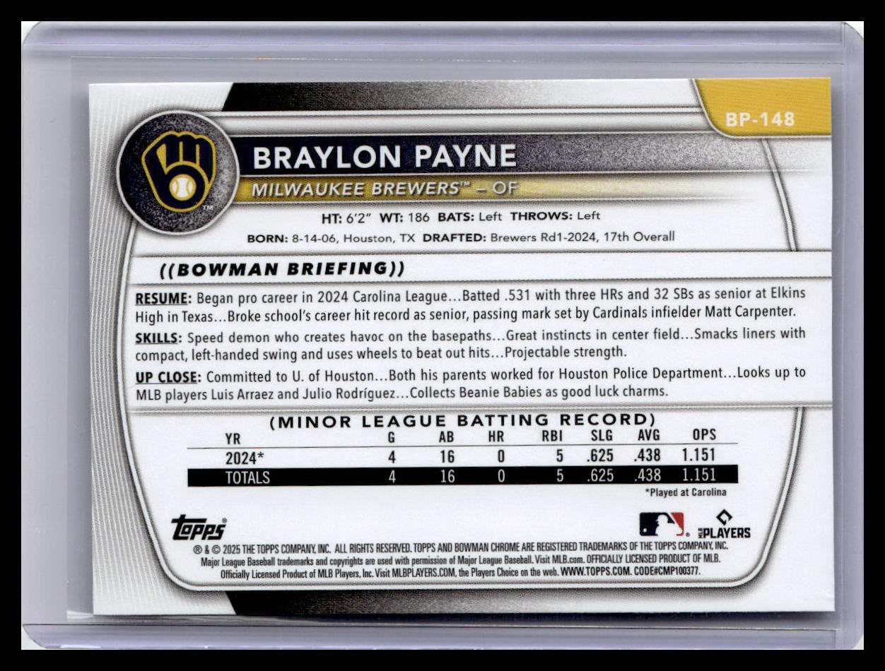 2025 Bowman #BP-148 Braylon Payne Prospects