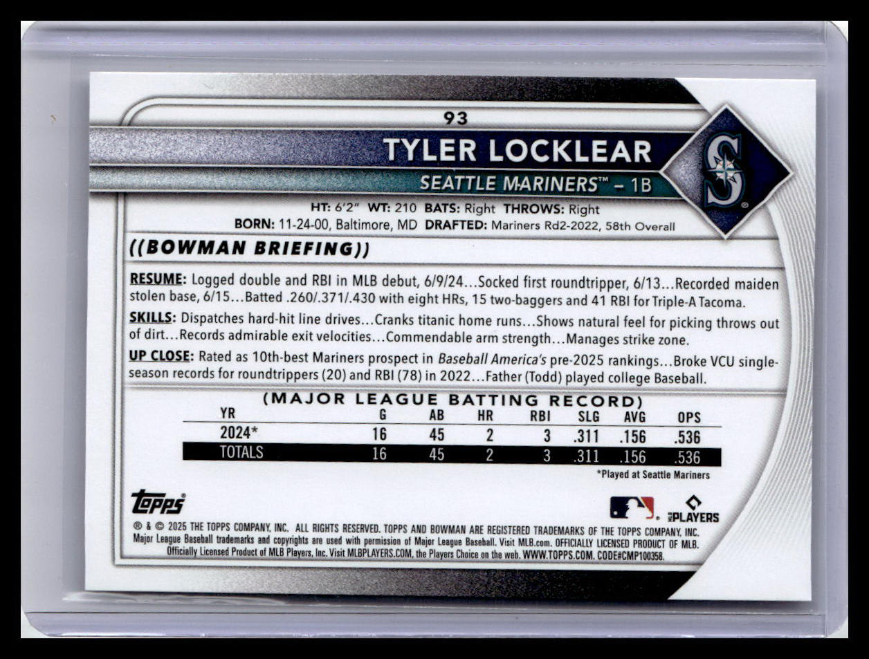 2025 Bowman #93 Tyler Locklear