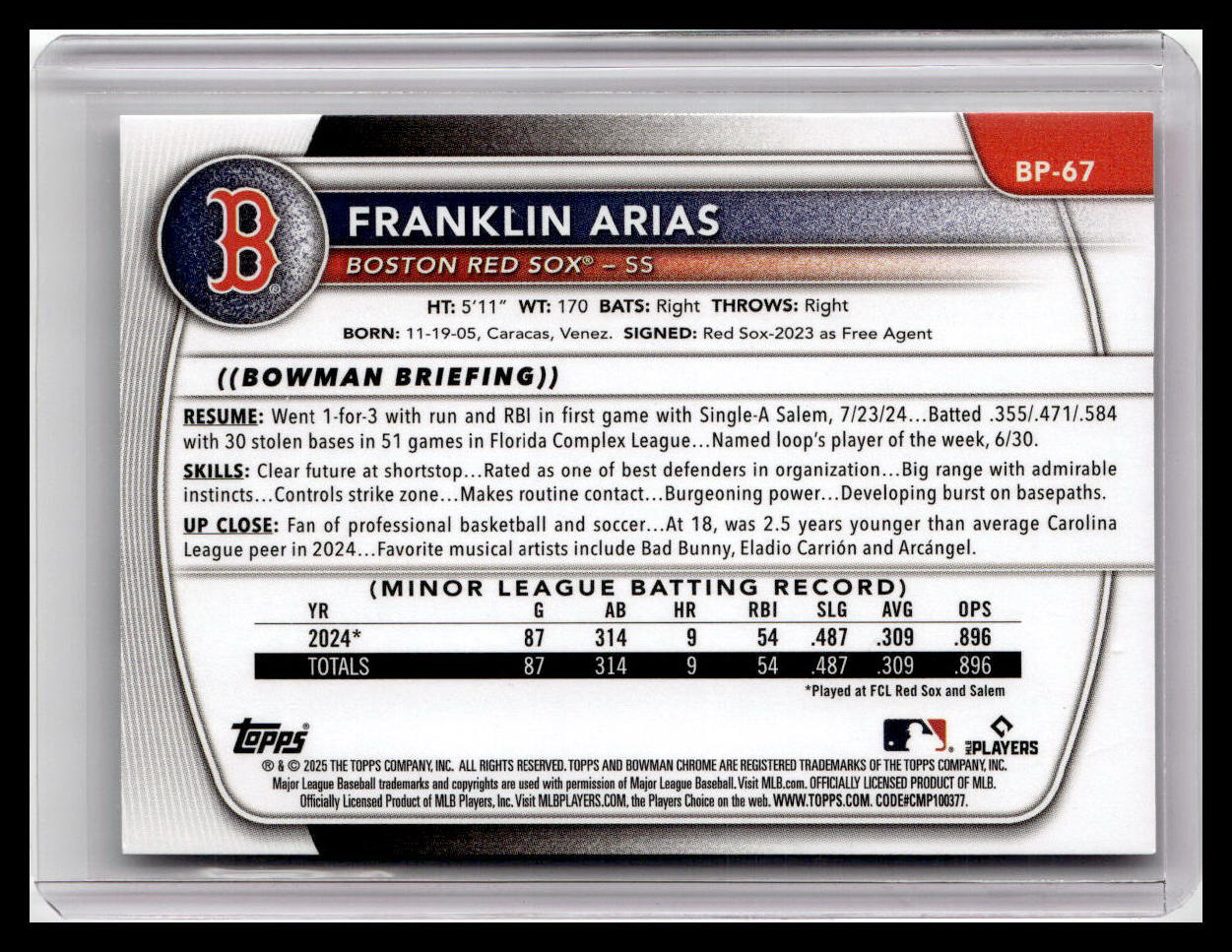 2025 Bowman #BP-67 Franklin Arias Prospects