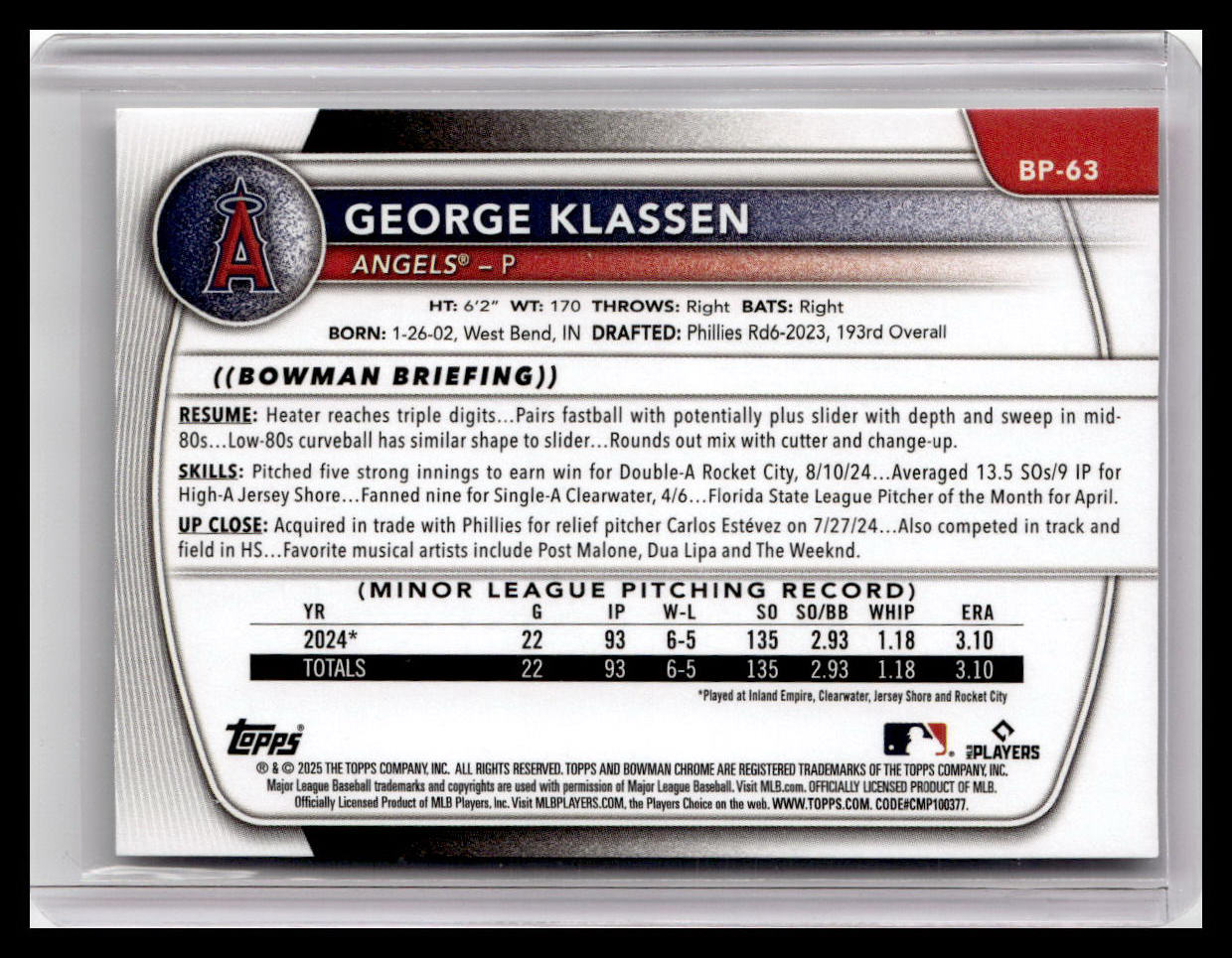 2025 Bowman #BP-63 George Klassen Prospects