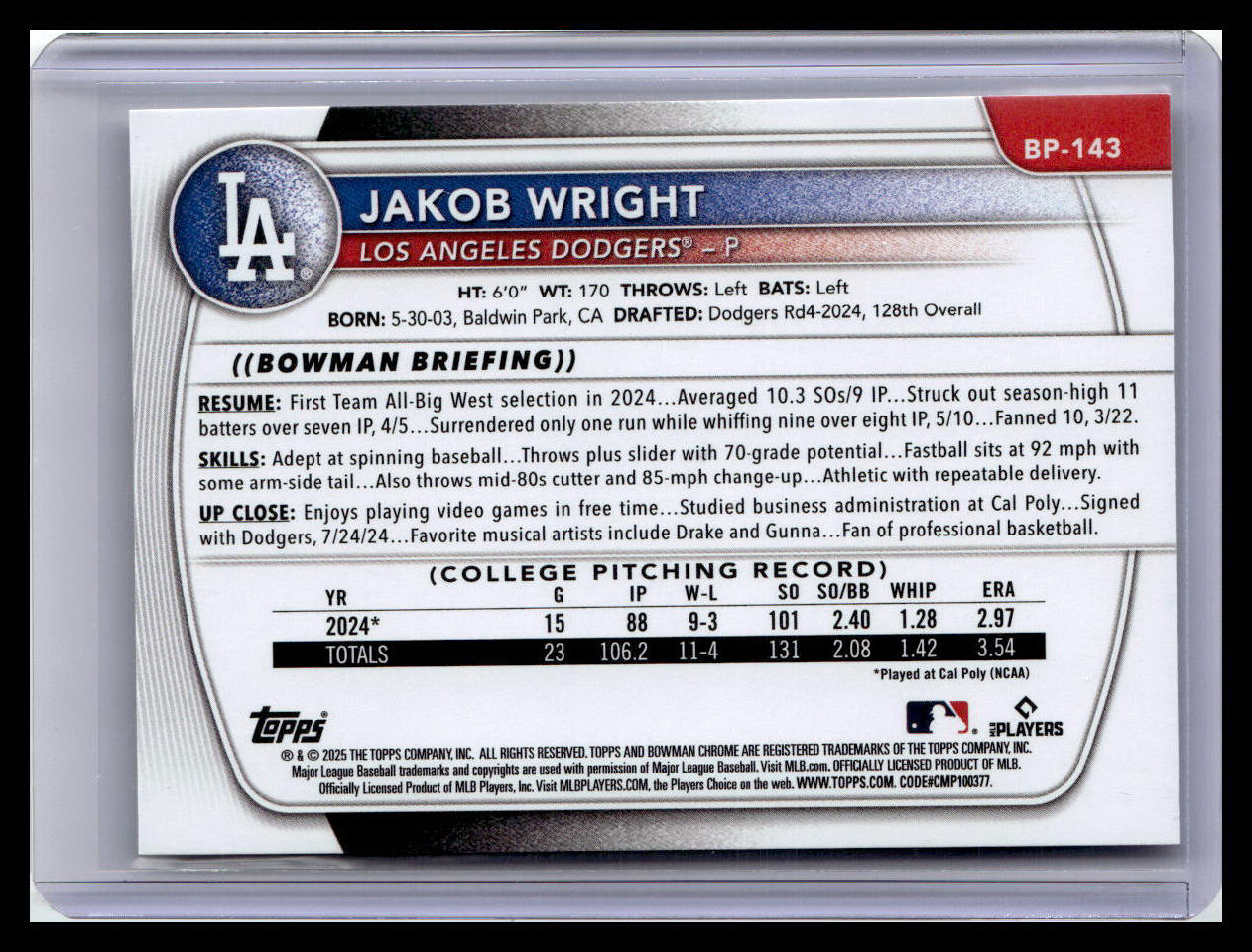 2025 Bowman #BP-143 Jakob Wright Prospects