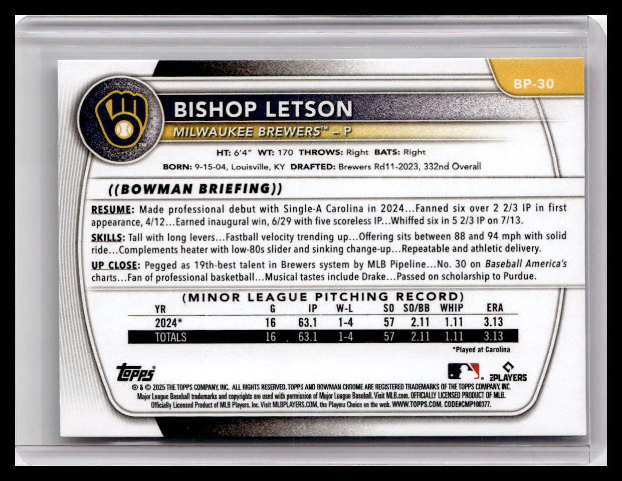 2025 Bowman #BCP-30 Bishop Letson Chrome Prospects