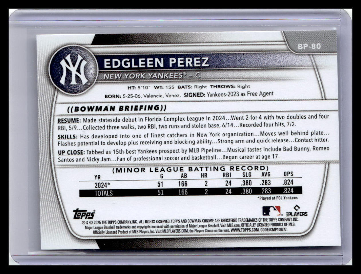 2025 Bowman #BP-80 Edgleen Perez Prospects
