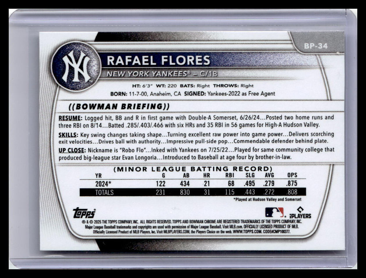 2025 Bowman #BP-34 Rafael Flores Prospects Neon Green #/399