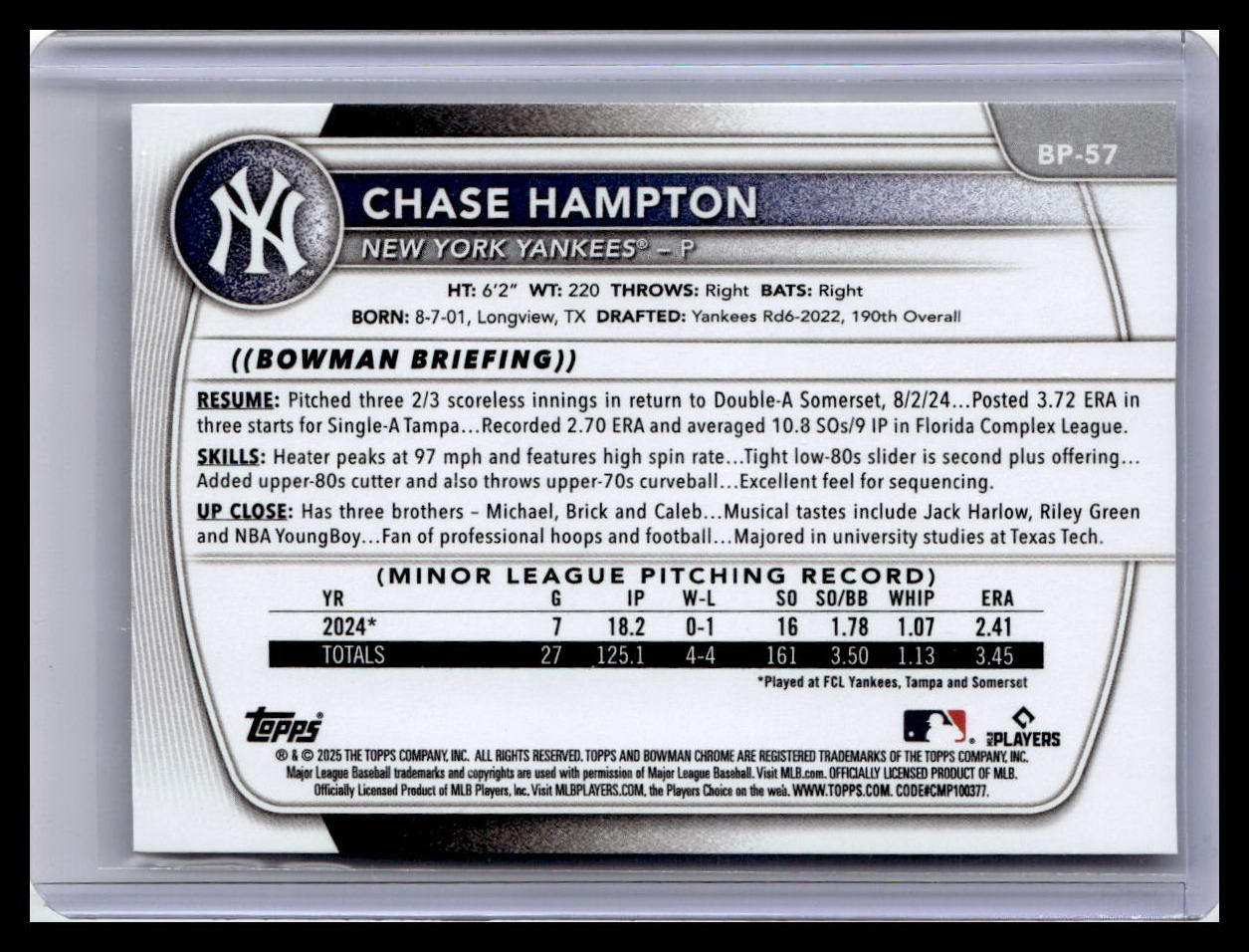 2025 Bowman #BP-57 Chase Hampton Prospects