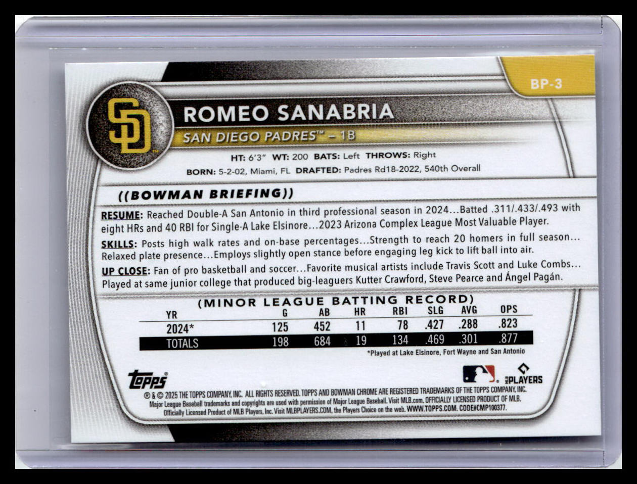 2025 Bowman #BP-3 Romeo Sanabria Prospects