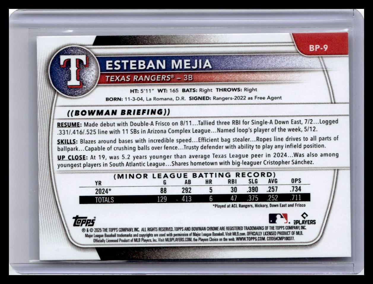 2025 Bowman #BP-9 Esteban Mejia Prospects