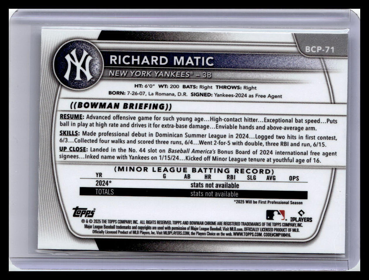 2025 Bowman #BCP-71 Richard Matic Chrome Prospects