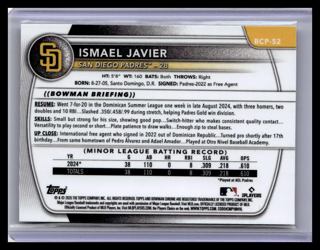 2025 Bowman #BCP-52 Ismael Javier Chrome Prospects