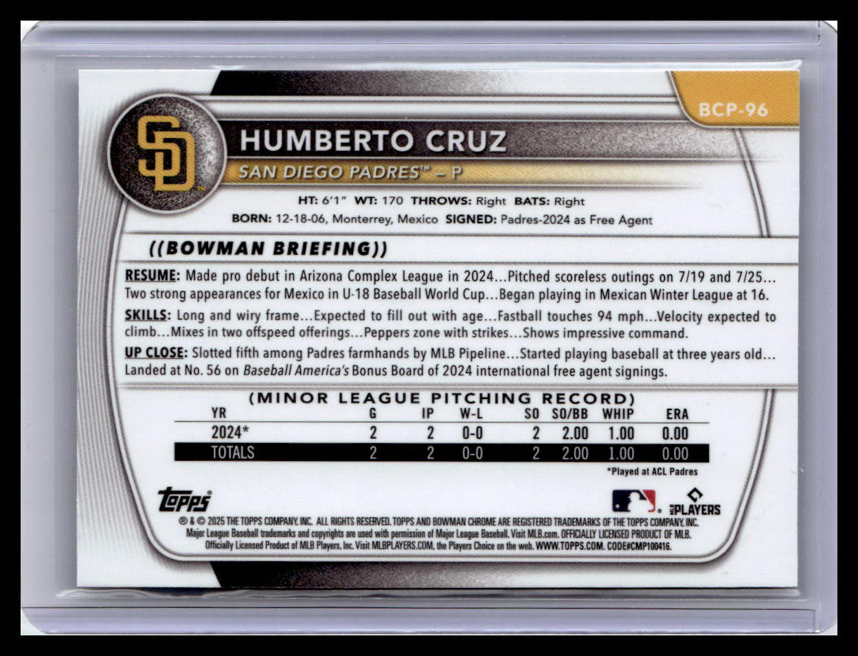 2025 Bowman #BCP-96 Humberto Cruz Chrome Prospects
