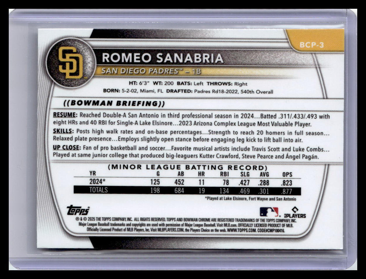 2025 Bowman #BCP-3 Romeo Sanabria Chrome Prospects