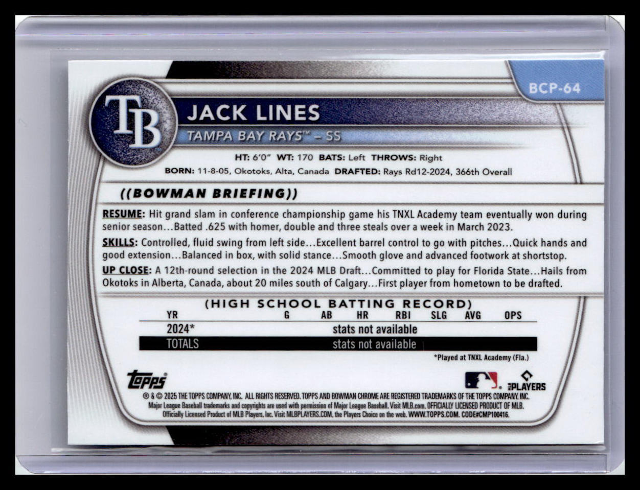 2025 Bowman #BCP-64 Jack Lines Chrome Prospects