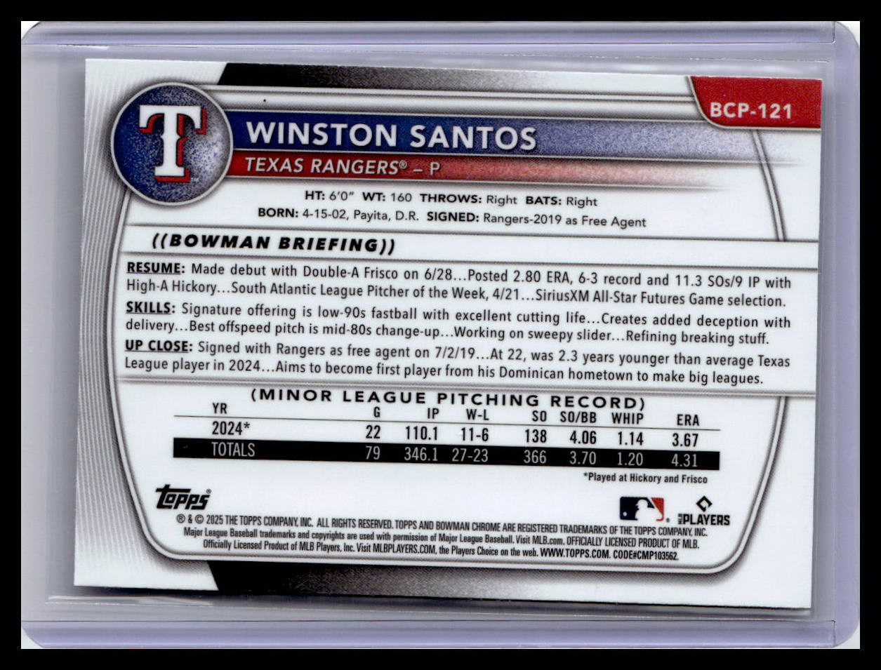 2025 Bowman #BCP-121 Winston Santos Chrome Prospects Mojo Refractor
