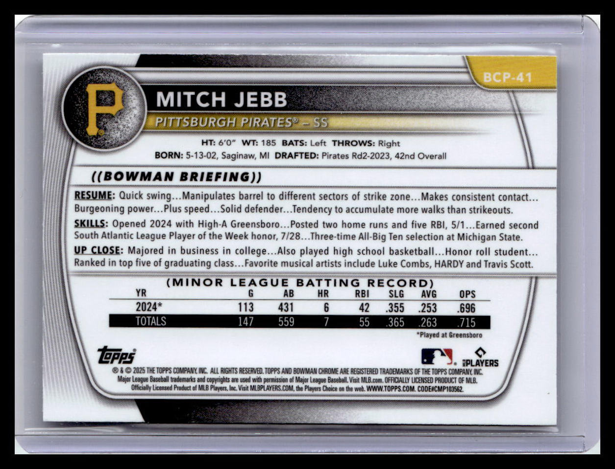 2025 Bowman #BCP-41 Mitch Jebb Chrome Prospects Mojo Refractor