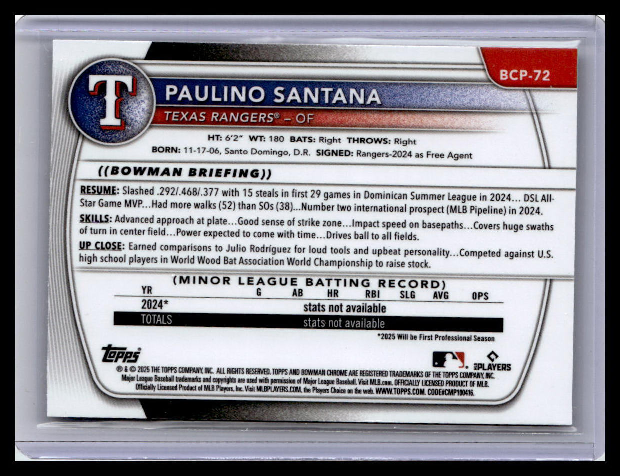 2025 Bowman #BCP-72 Paulino Santana Chrome Prospects Reptilian Refractor