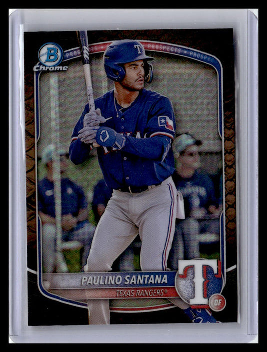 Baseball trading card of Paulino Santana from the Texas Rangers with a blue uniform and helmet. 2025 Bowman #BCP-72 Paulino Santana Chrome Prospects Reptilian Refractor