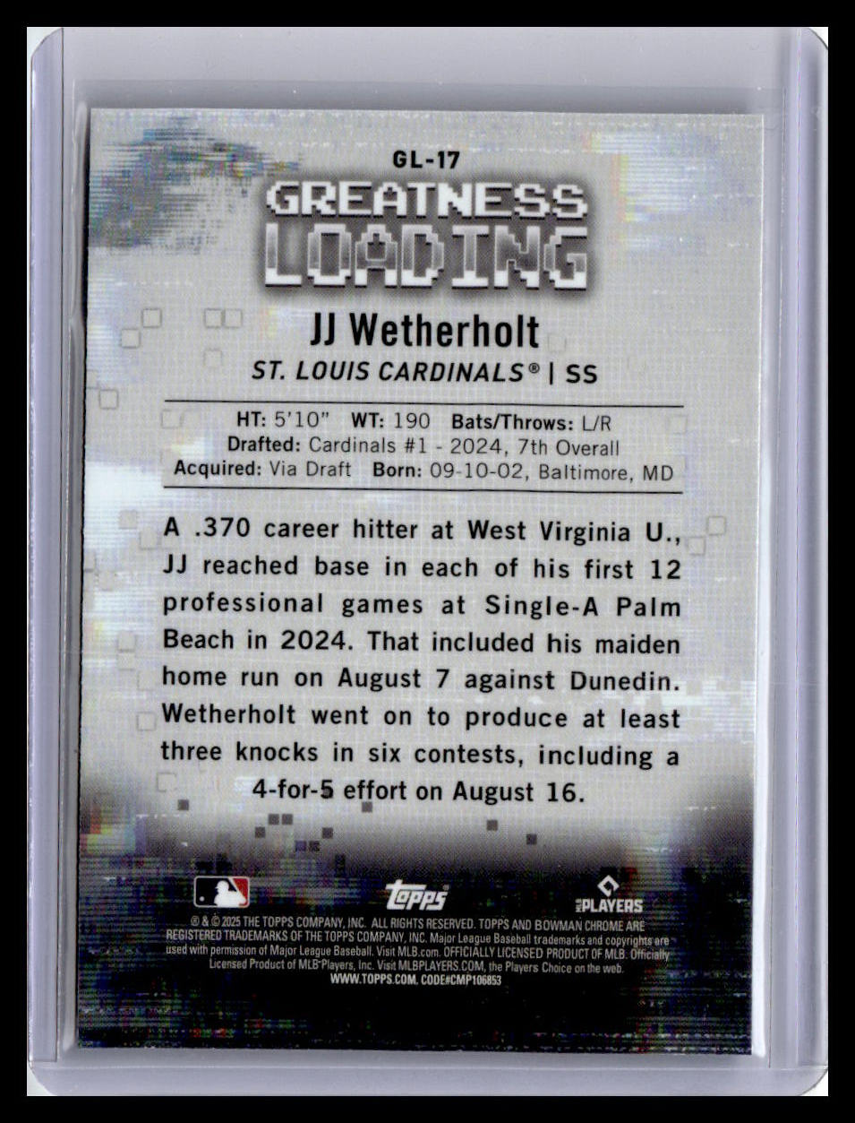 2025 Bowman #GL-17 JJ Wetherholt Greatness Loading