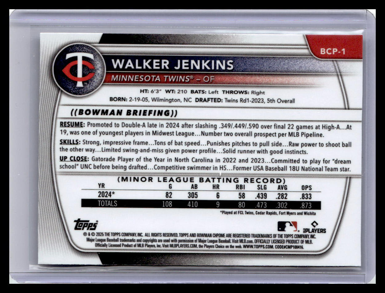 2025 Bowman #BP-1 Walker Jenkins Prospects
