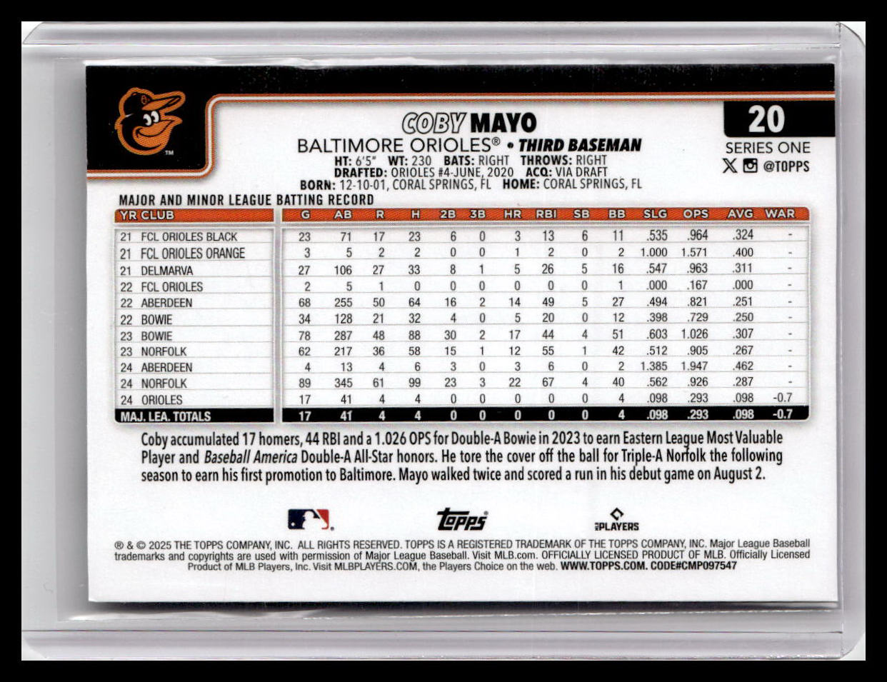2025 Topps #20 Coby Mayo