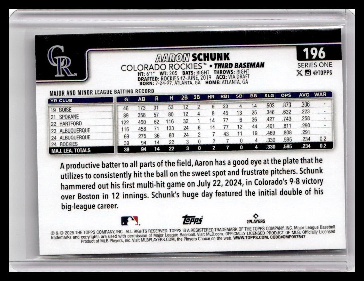 2025 Topps #196 Aaron Schunk Gold #/2025