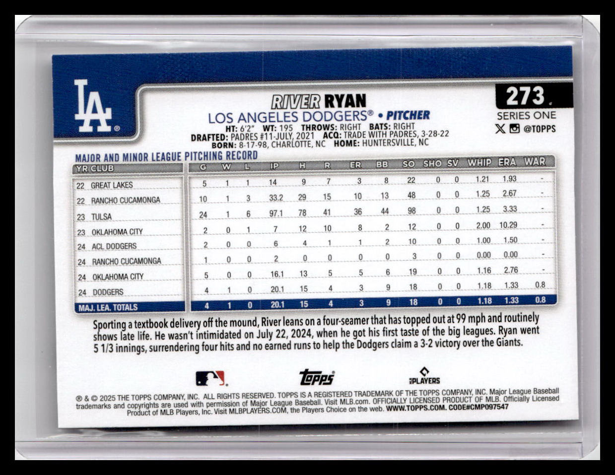 2025 Topps #273 River Ryan