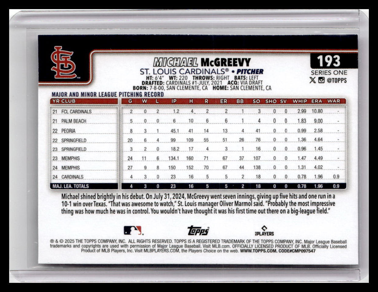 2025 Topps #193 Michael McGreevy