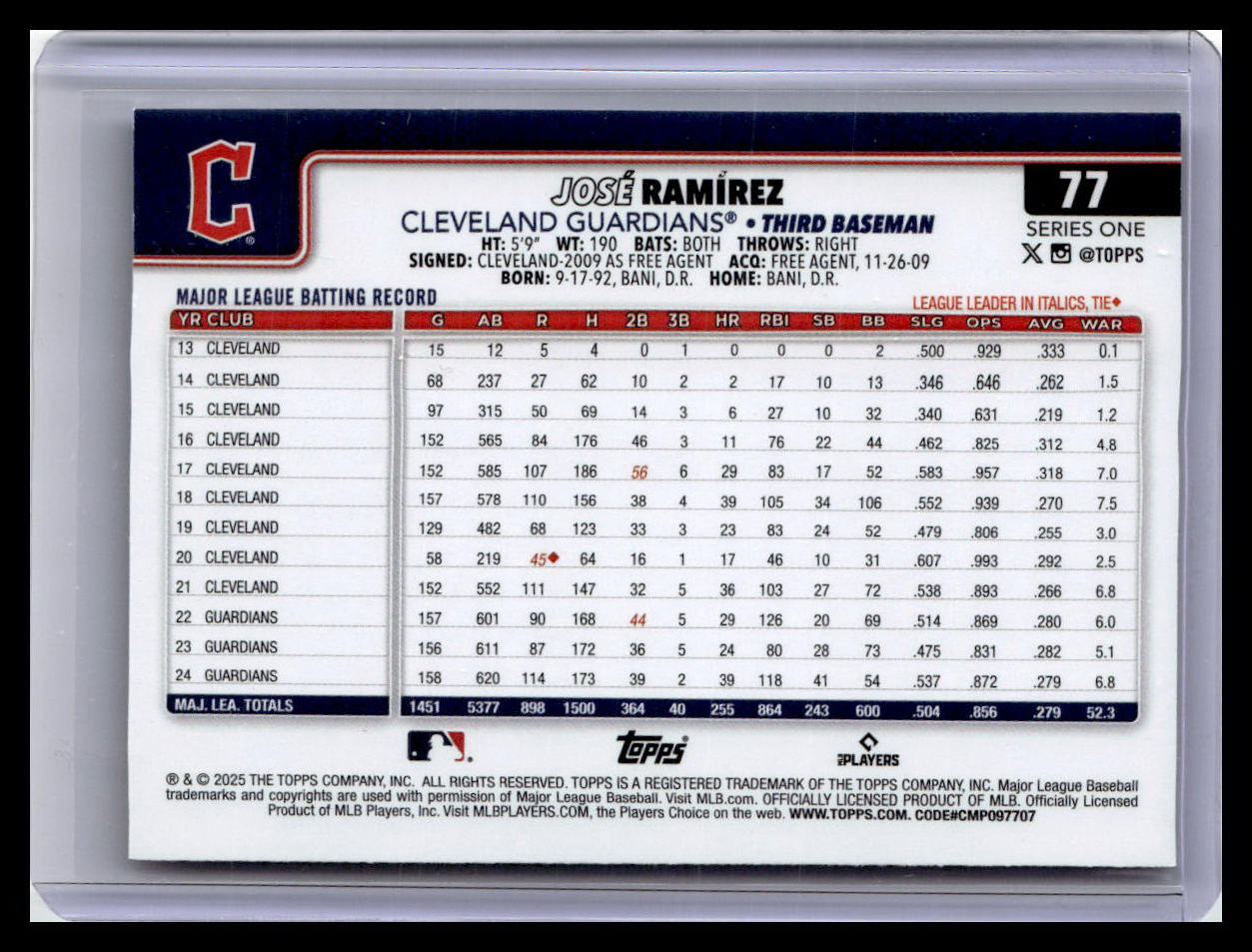 2025 Topps #77 José Ramírez Team Color Border