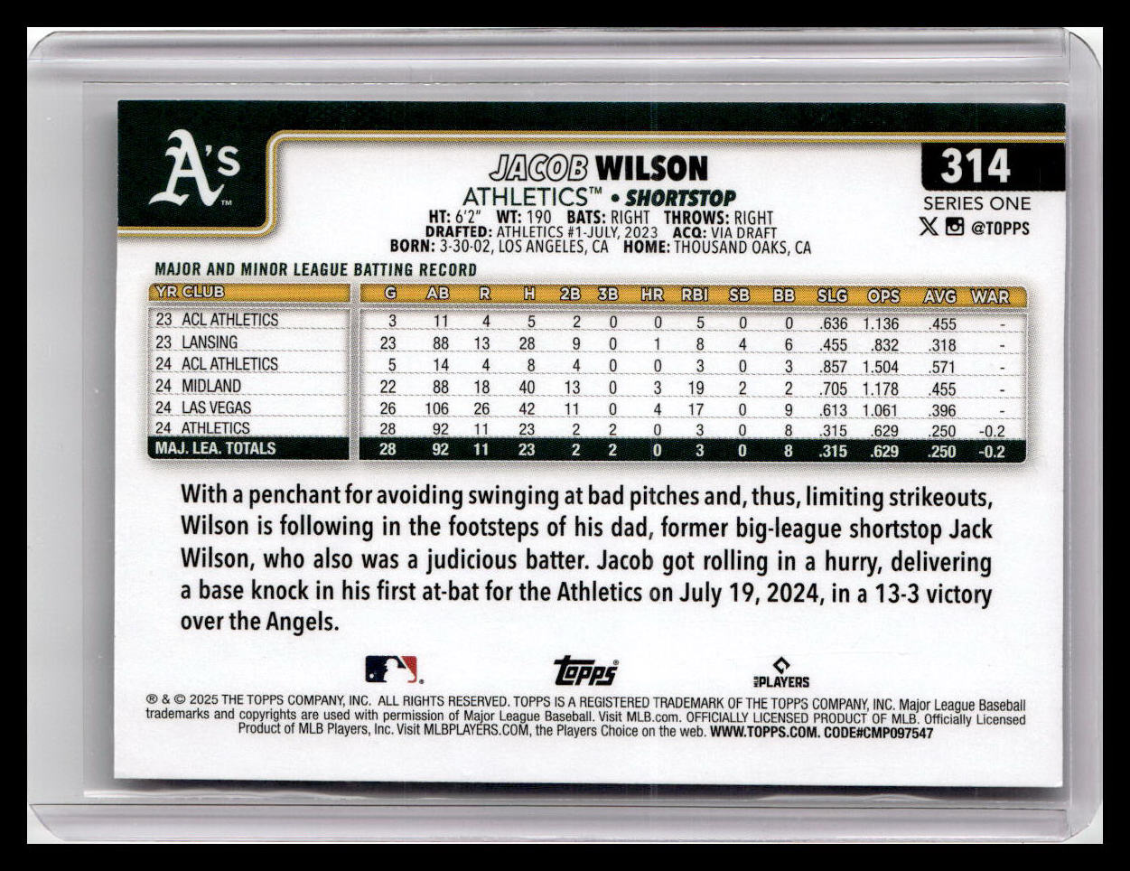 2025 Topps #314 Jacob Wilson Spring Training
